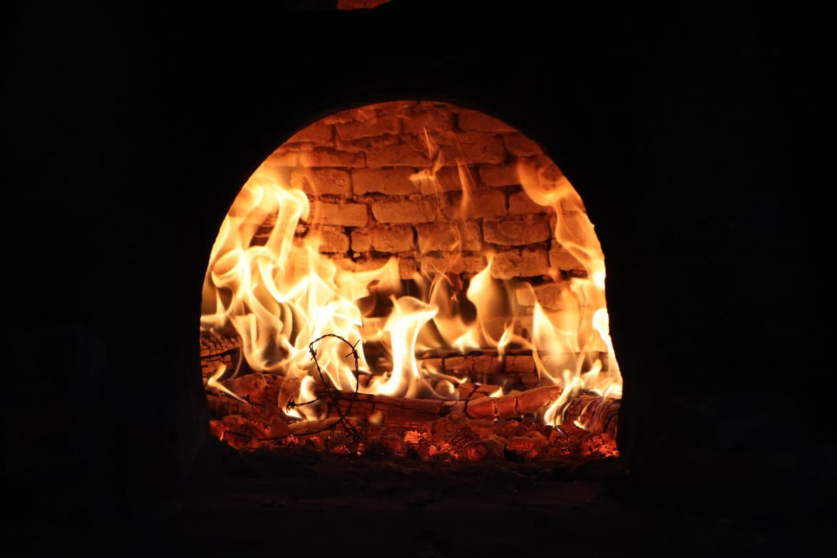 A wood fire burning in a pizza oven